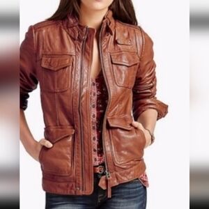 Lucky Brand Cognac Leather Jacket with Stand-Up Collar and Structured Shoulders